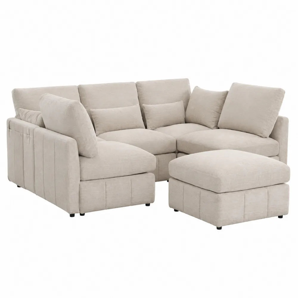 Divano angolare modulare con pouf in tessuto poliestere beige e struttura in legno 260 x 160 x 85 cm