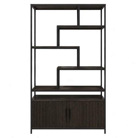 Libreria scaffale industriale in metallo nero e legno scuro con struttura asimmetrica e mobile base 80 x 35 x 180 cm