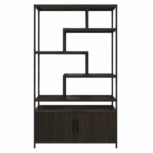 Libreria scaffale industriale in metallo nero e legno scuro con struttura asimmetrica e mobile base 80 x 35 x 180 cm