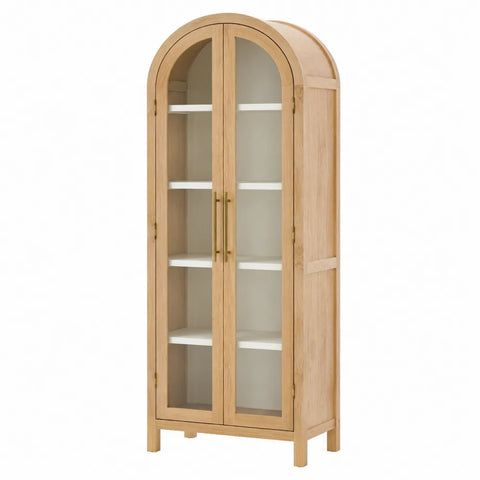 Vetrina libreria alta ad arco in MDF effetto rovere con 2 ante in vetro naturale crema e ottone 80 x 35 x 180 cm