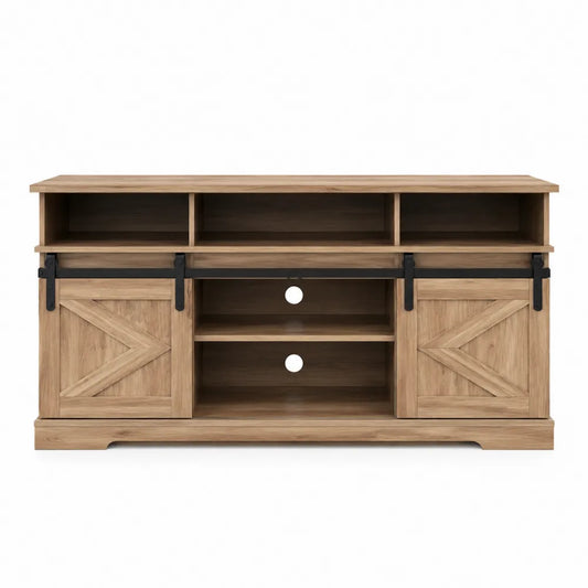 Mobile TV rettangolare in MDF effetto rovere naturale con ante scorrevoli stile fienile e dettagli in metallo nero 180 x 40 x 75 cm
