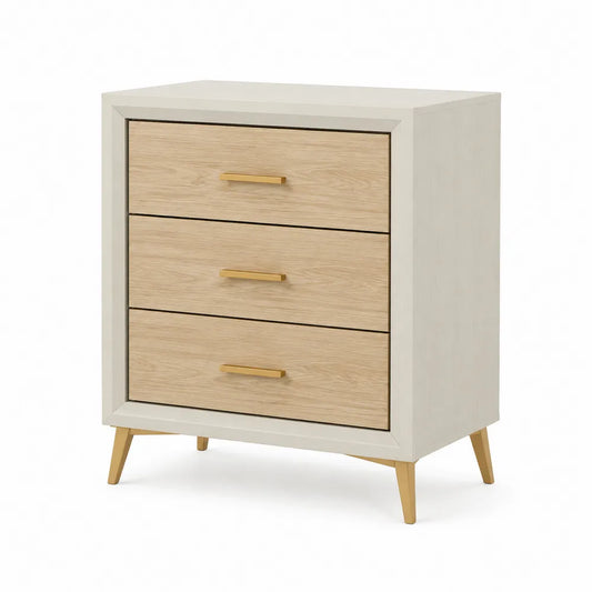 Cassettiera comodino con 3 cassetti in MDF effetto rovere e bianco con gambe in legno e maniglie in metallo 80 x 40 x 80 cm