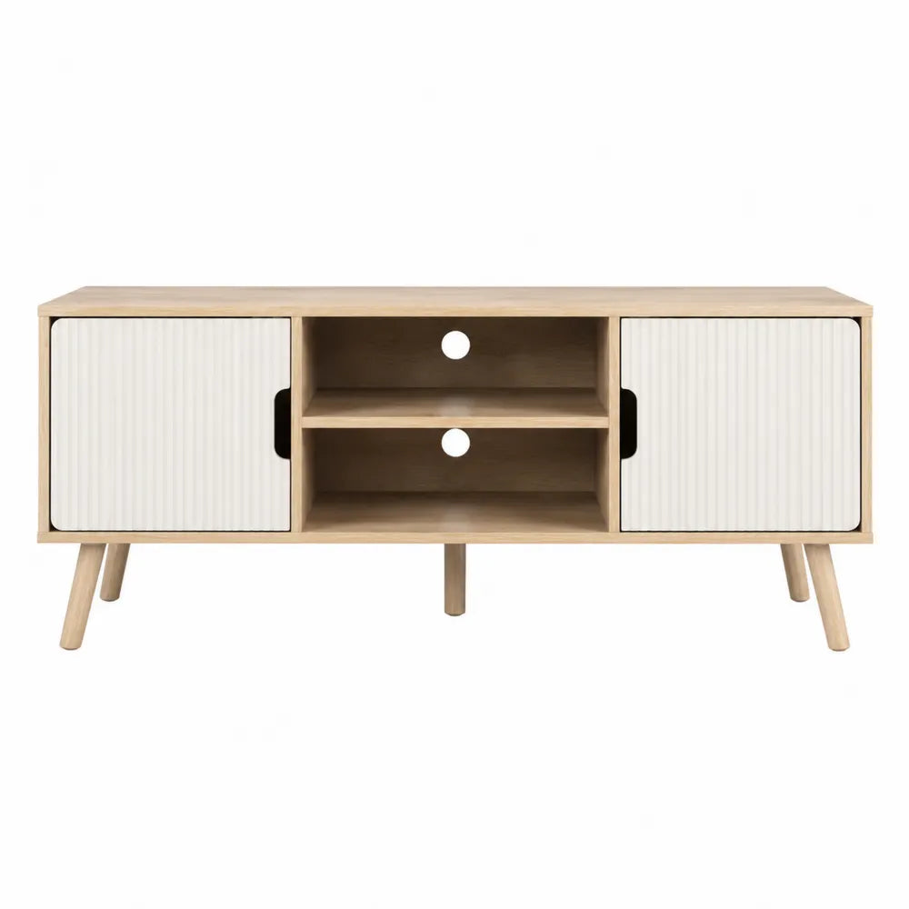Mobile TV rettangolare in MDF effetto rovere chiaro con ante scorrevoli bianche scanalate e vani aperti 160 x 40 x 60 cm