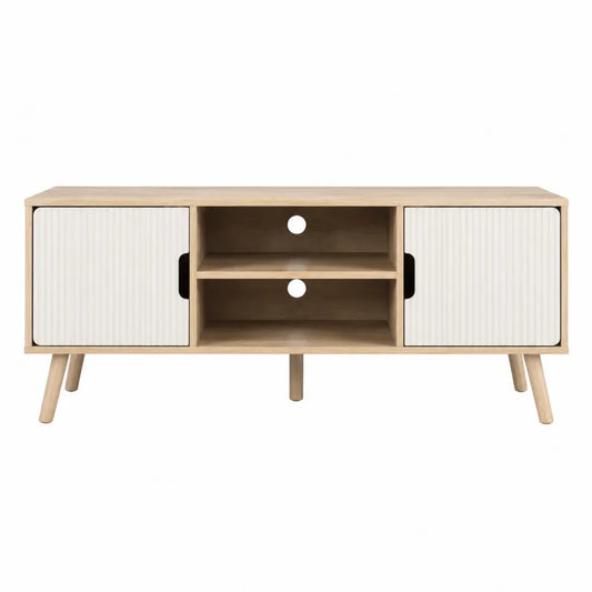 Mobile TV rettangolare in MDF effetto rovere chiaro con ante scorrevoli bianche scanalate e vani aperti 160 x 40 x 60 cm