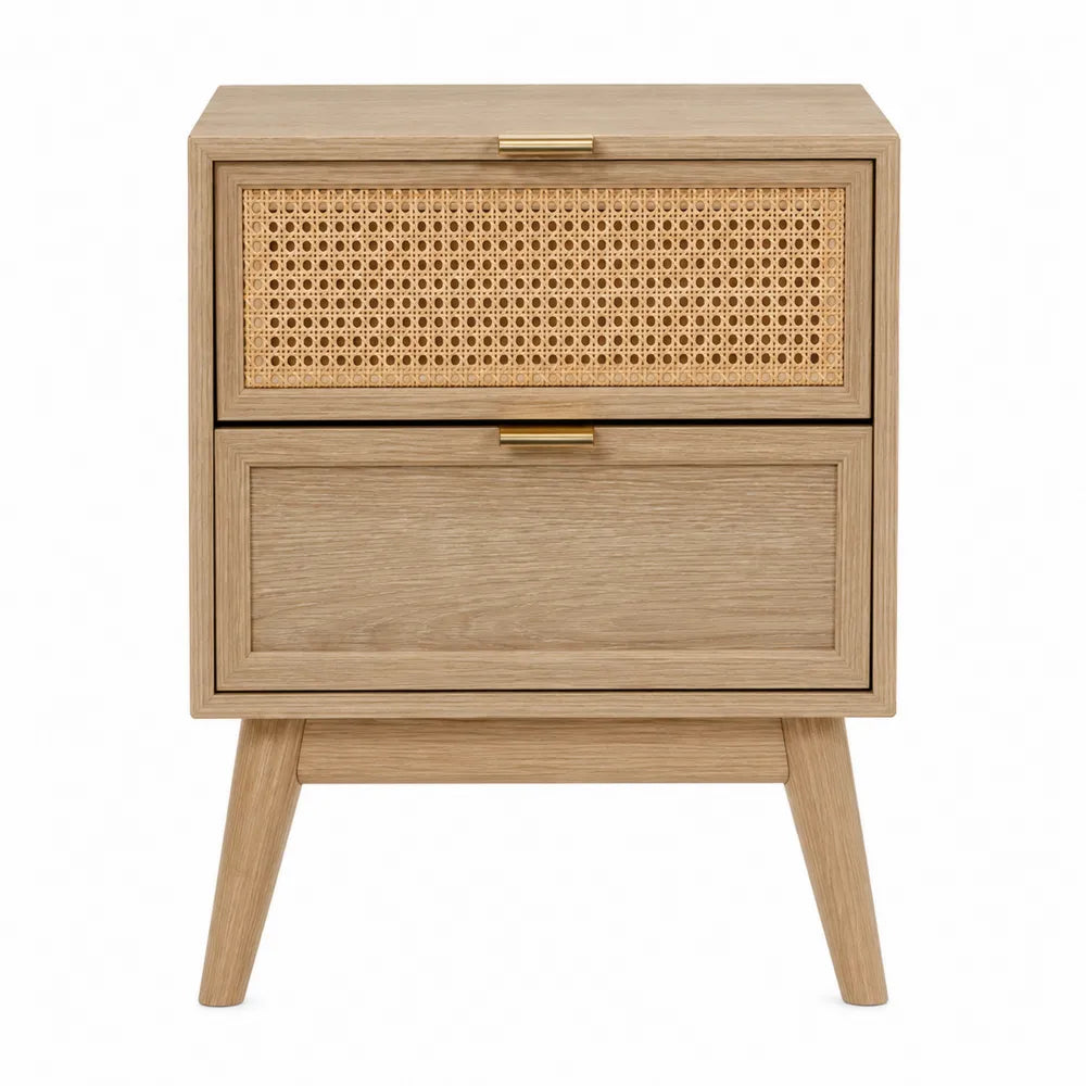 Comodino rettangolare a 2 cassetti in MDF effetto rovere naturale 50 x 40 x 55 cm con frontale in rattan PE gambe in legno e maniglie dorate