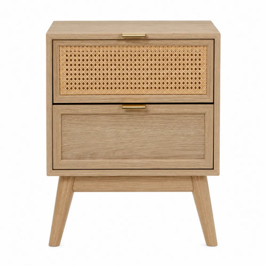 Comodino rettangolare a 2 cassetti in MDF effetto rovere naturale 50 x 40 x 55 cm con frontale in rattan PE gambe in legno e maniglie dorate