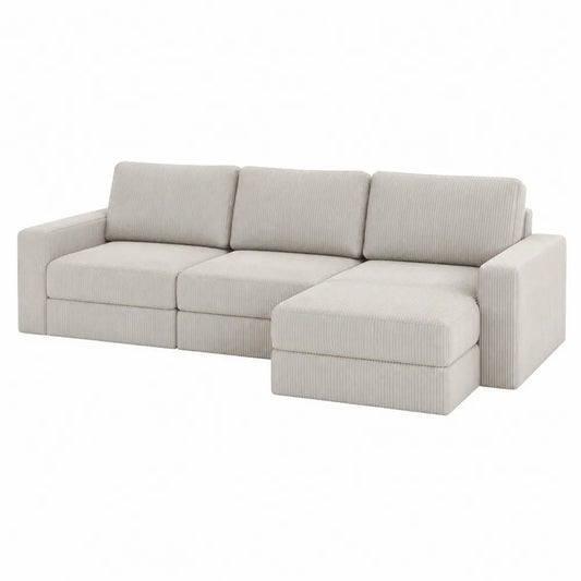 Divano modulare 3 posti con chaise longue destra in velluto a coste poliestere crema chiaro 260 x 160 x 85 cm