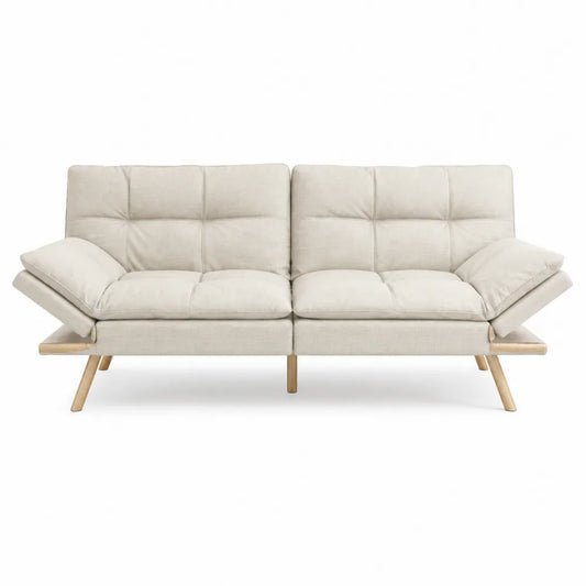 Divano letto 3 posti reclinabile in tessuto poliestere beige chiaro con gambe in legno naturale 210 x 90 x 85 cm